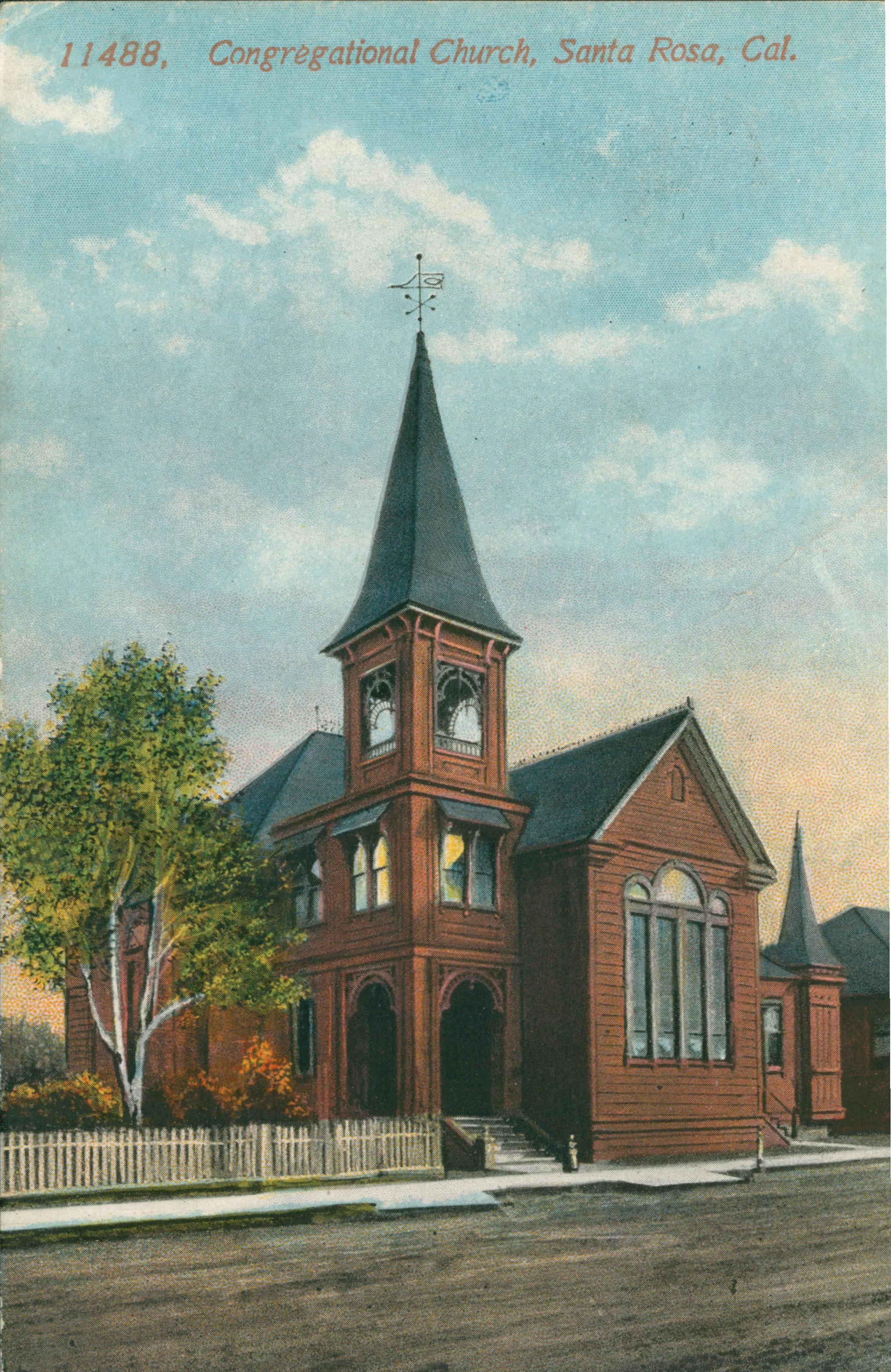 Shows the front of the Congregational Church in Santa Rosa